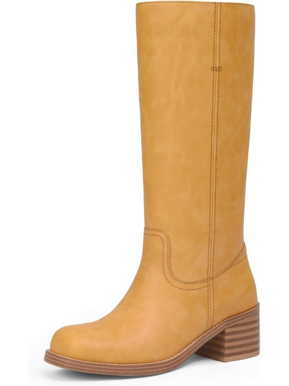 Women's Yellow Chunky Block Low Heel Square Toe Trendy Stylish Mid Calf Boot